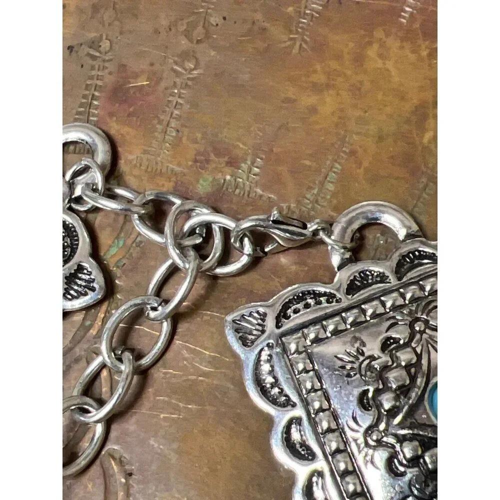 Concho Southwest Silver Unisex Chain belt adjustable to 52” Faux Turquoise new - Picture 4 of 10